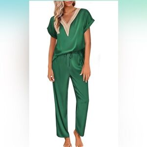 Lace v neck satin pajamas loungewear set